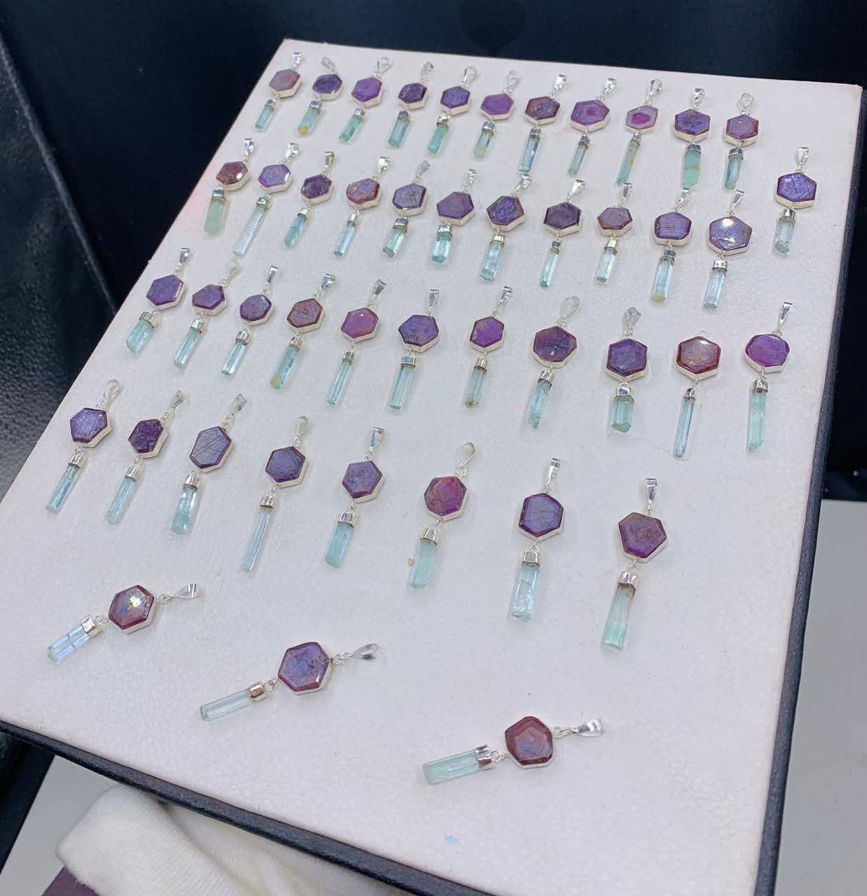 Ruby slices with combine aquamarine crystals pendants