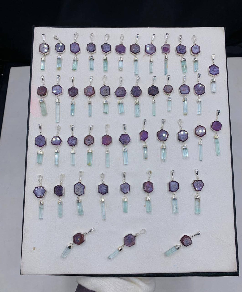 Ruby slices with combine aquamarine crystals pendants